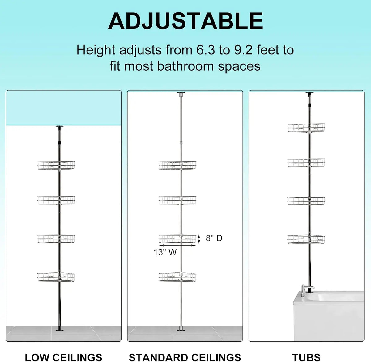Four Tier Corner Shower Rack Adjustable Rust Proof Tension Pole