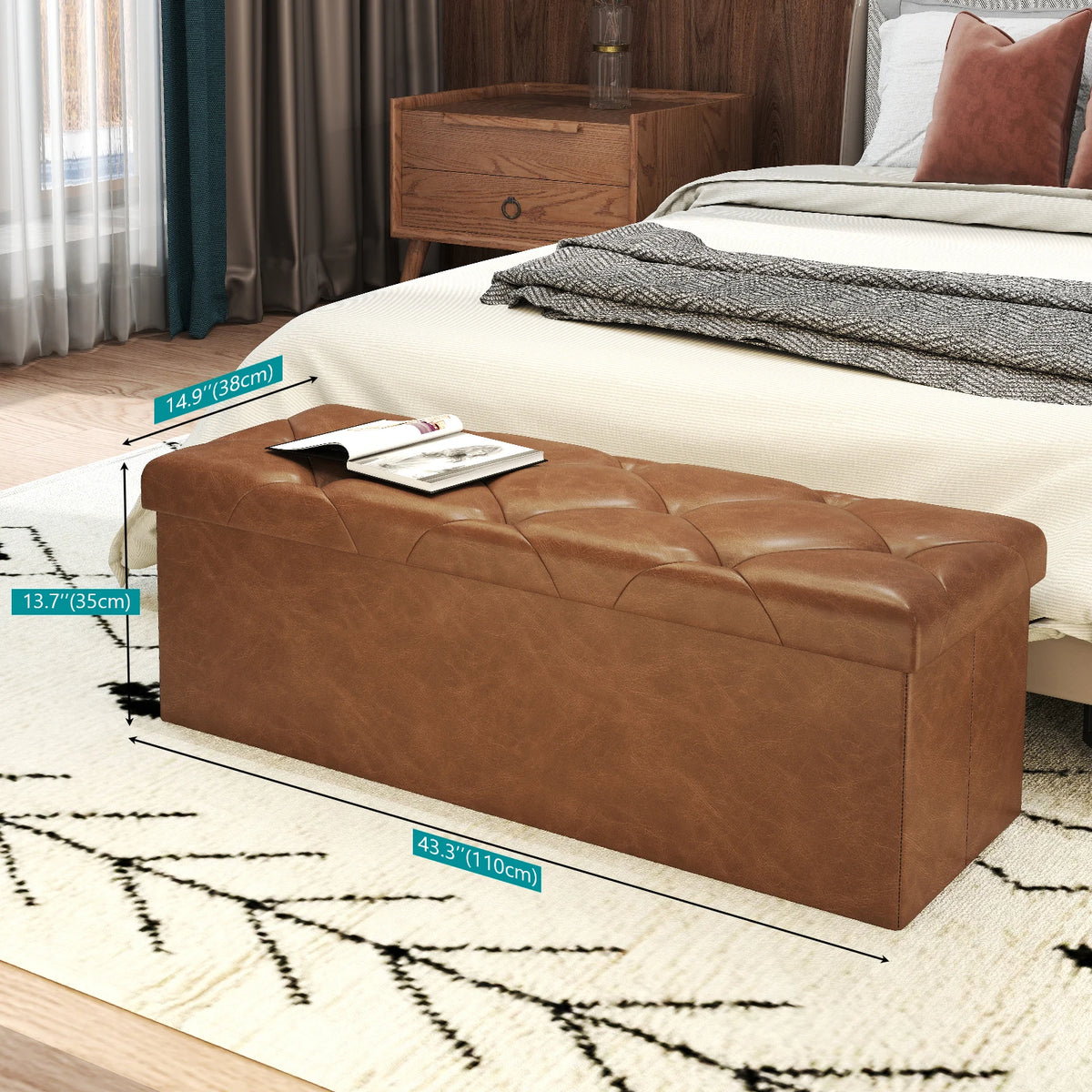Tufted Faux Leather Foldable Storage Bench Ottoman