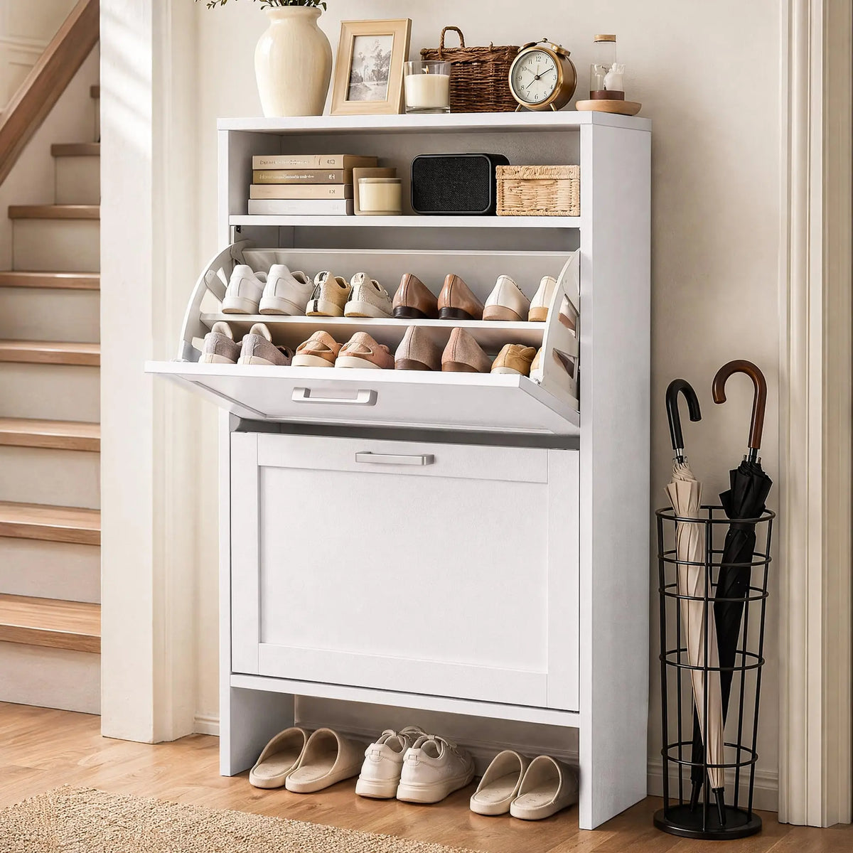 Wooden Shoe Storage Cabinet With Two Flip Drawers For Entryway