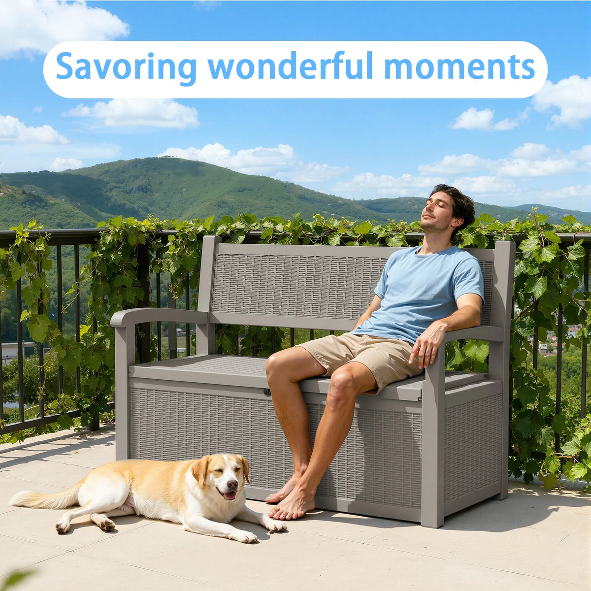 Outdoor Wicker Look Resin Patio Storage Bench For Garden Backyard Poolside