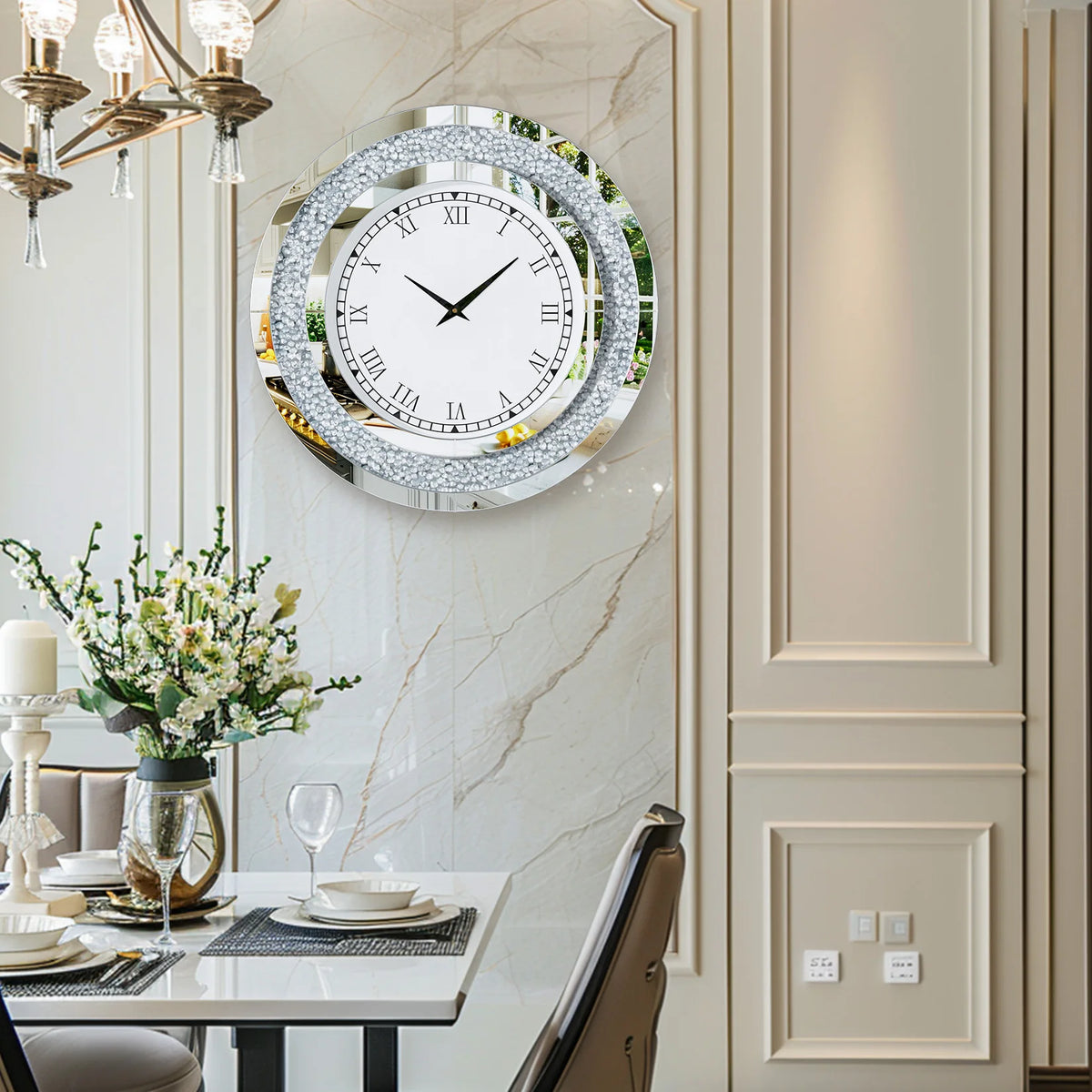 Crystal Sparkle Mirrored Wall Clock With Bling Diamond Design