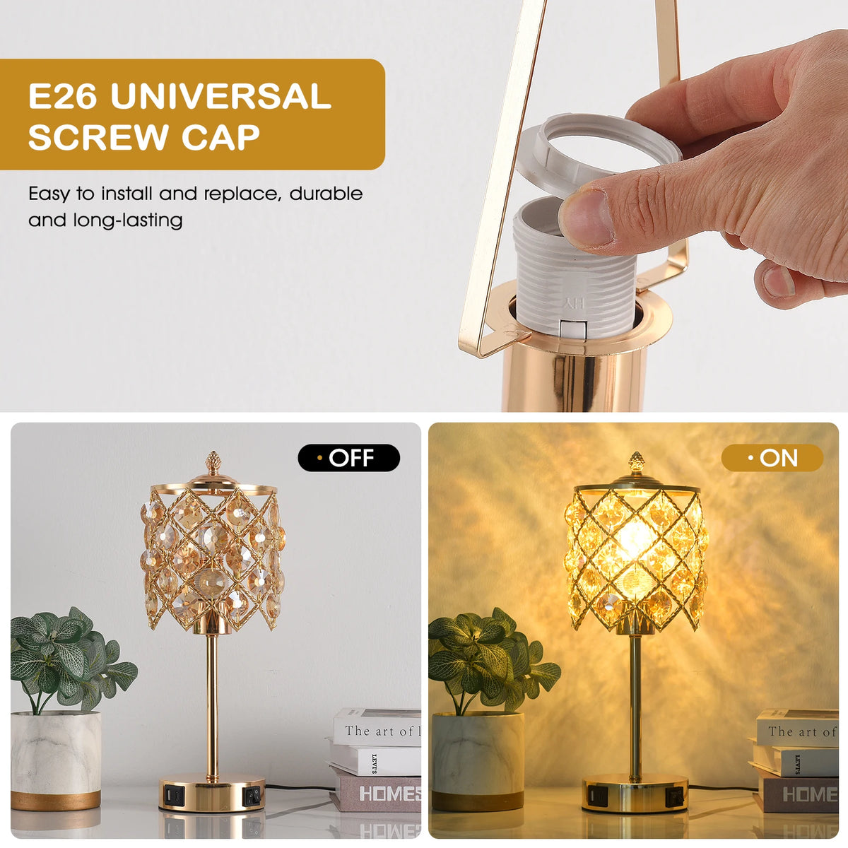 Elegant Crystal Table Lamp With USB Charging Port And Outlet