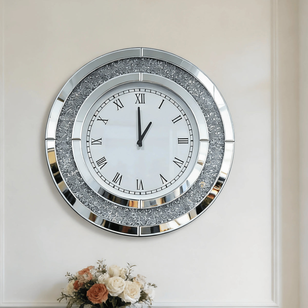 Decorative Mirrored Wall Clock With Crushed Diamond Inlay