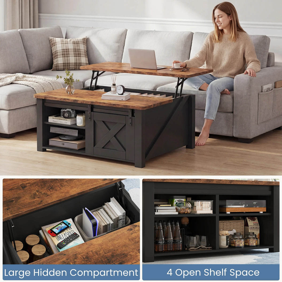 MCQ Wood Lift Top Square Coffee Table With Storage Shelf