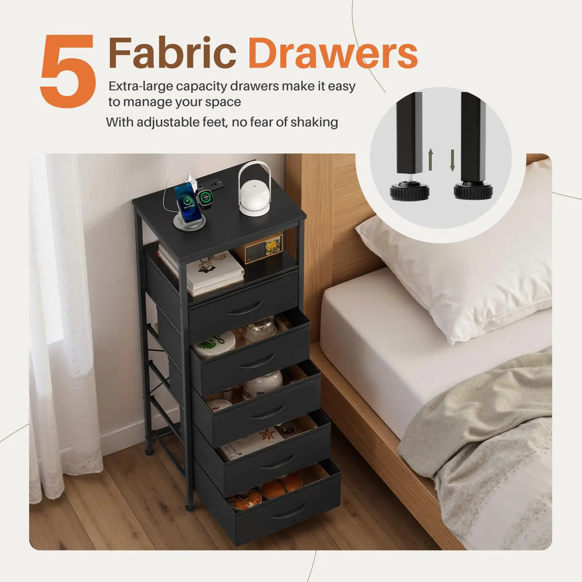 Jhk 5 Drawer Fabric Dresser With Nightstand Charging Station