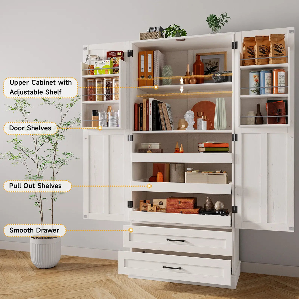 ONBRILL Farmhouse Kitchen Pantry Cabinet With Shelves And Six Doors