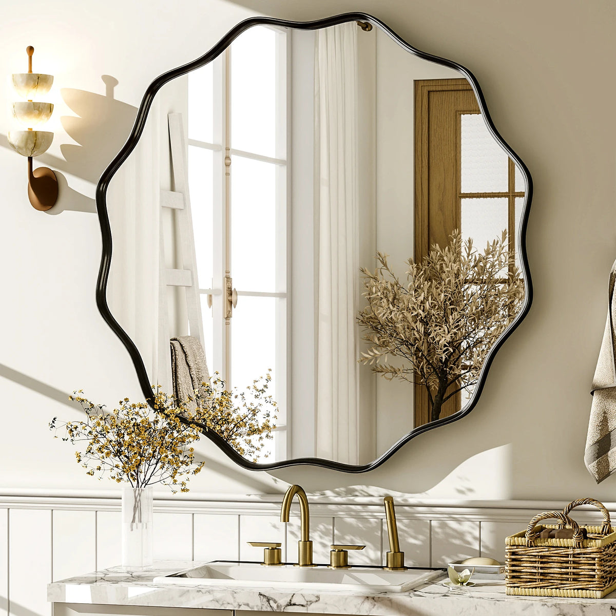 Beautypeak Wavy Round Decorative Wall Mirror With Glass Frame