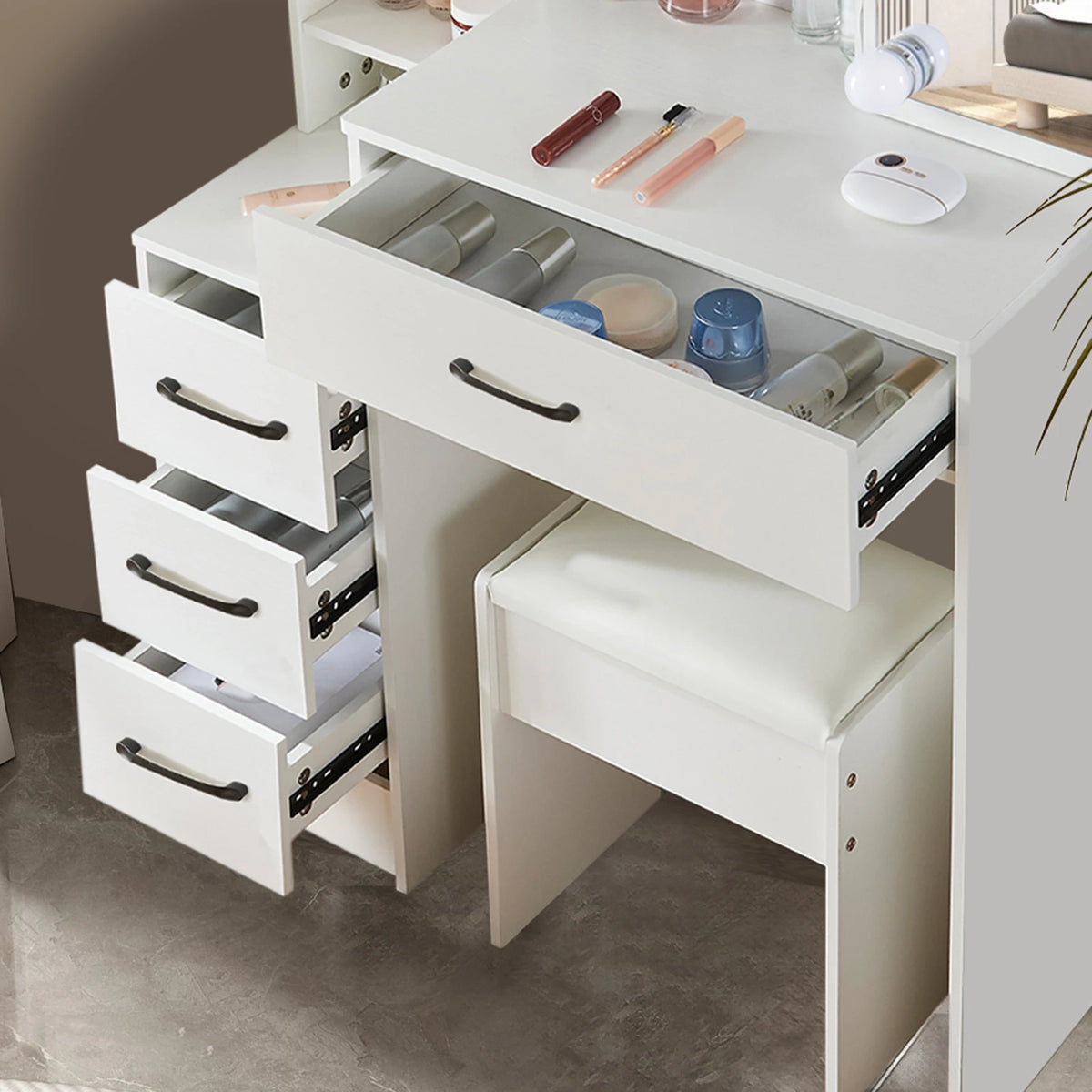 Yamissi White Wooden Vanity With Led Mirror And Stool