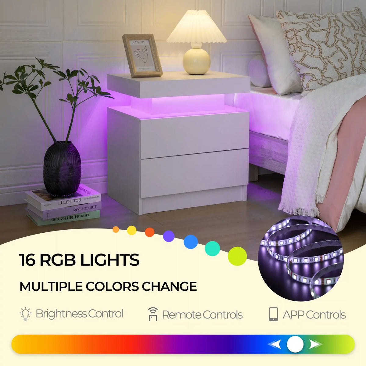 Cubehom Wood LED Nightstand With 2 Drawers And RGB Lights