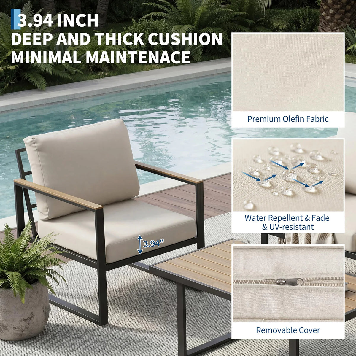 HobbyLane Modern 4-Piece Metal Patio Sofa Set With Coffee Table And Thick Cushions