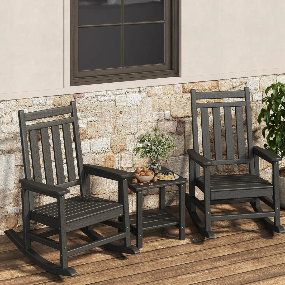 Black HDPE Rocking Chair Set Of 2 With Side Table