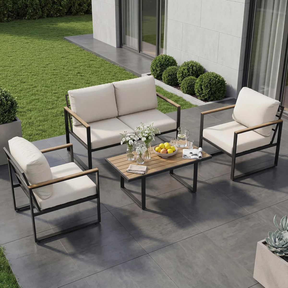HobbyLane Modern 4-Piece Metal Patio Sofa Set With Coffee Table And Thick Cushions