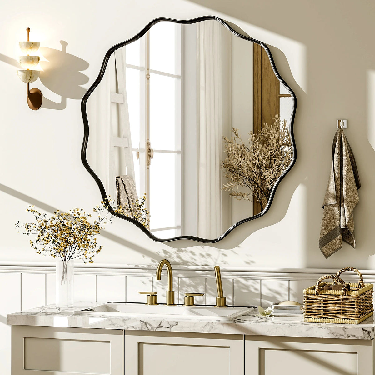 Beautypeak Wavy Round Decorative Wall Mirror With Glass Frame