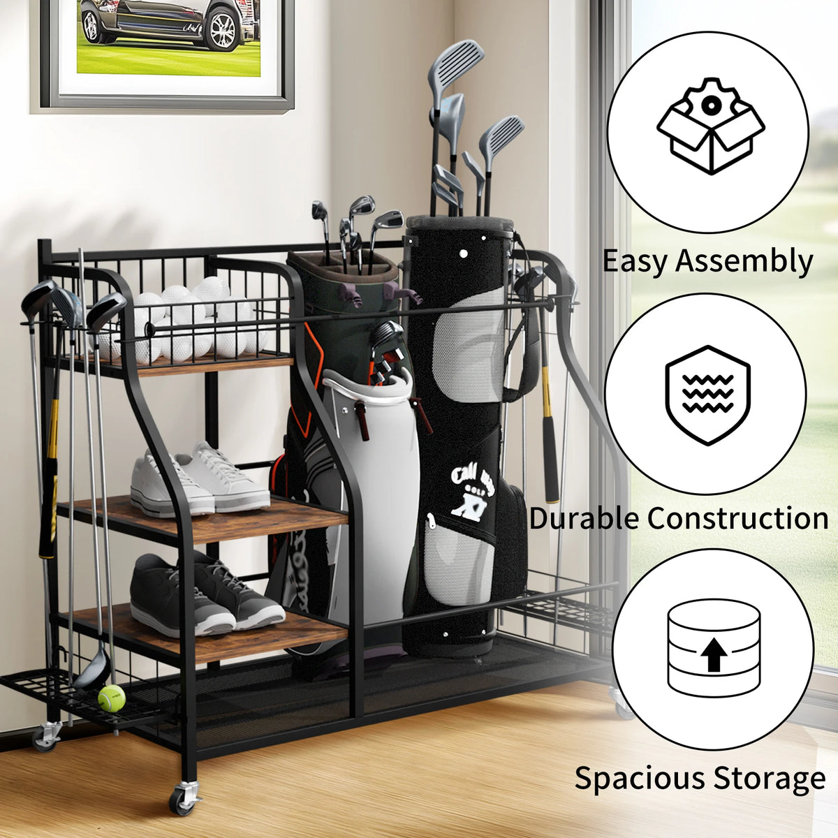 Multifunctional Three-Tier Rolling Metal Golf Bag Storage Rack With Wheels