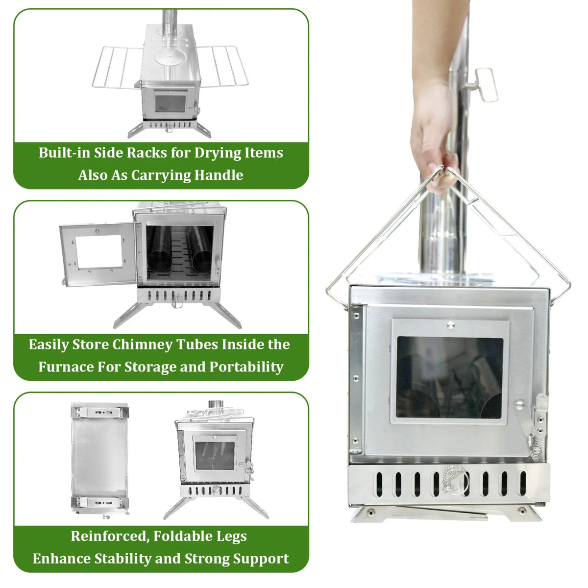 Portable Stainless Steel Wood Burning Stove With Chimney Pipes