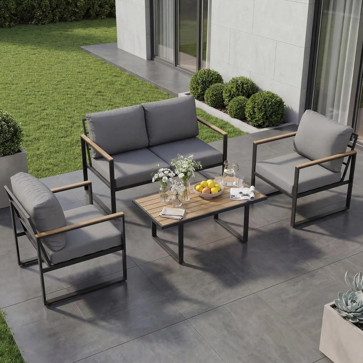 HobbyLane Modern 4-Piece Metal Patio Sofa Set With Coffee Table And Thick Cushions