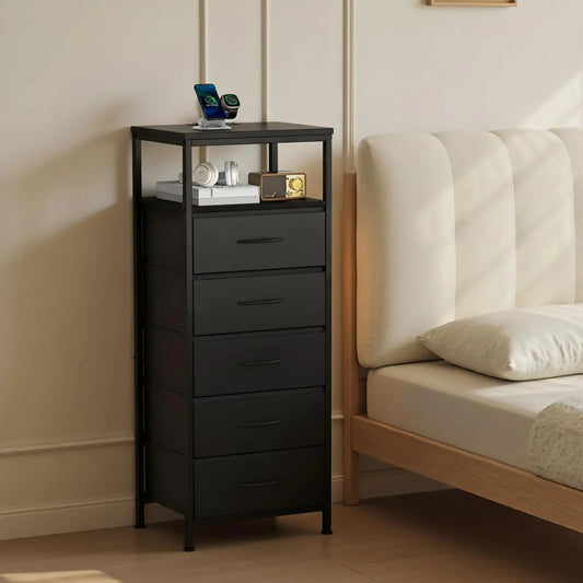 Jhk 5 Drawer Fabric Dresser With Nightstand Charging Station