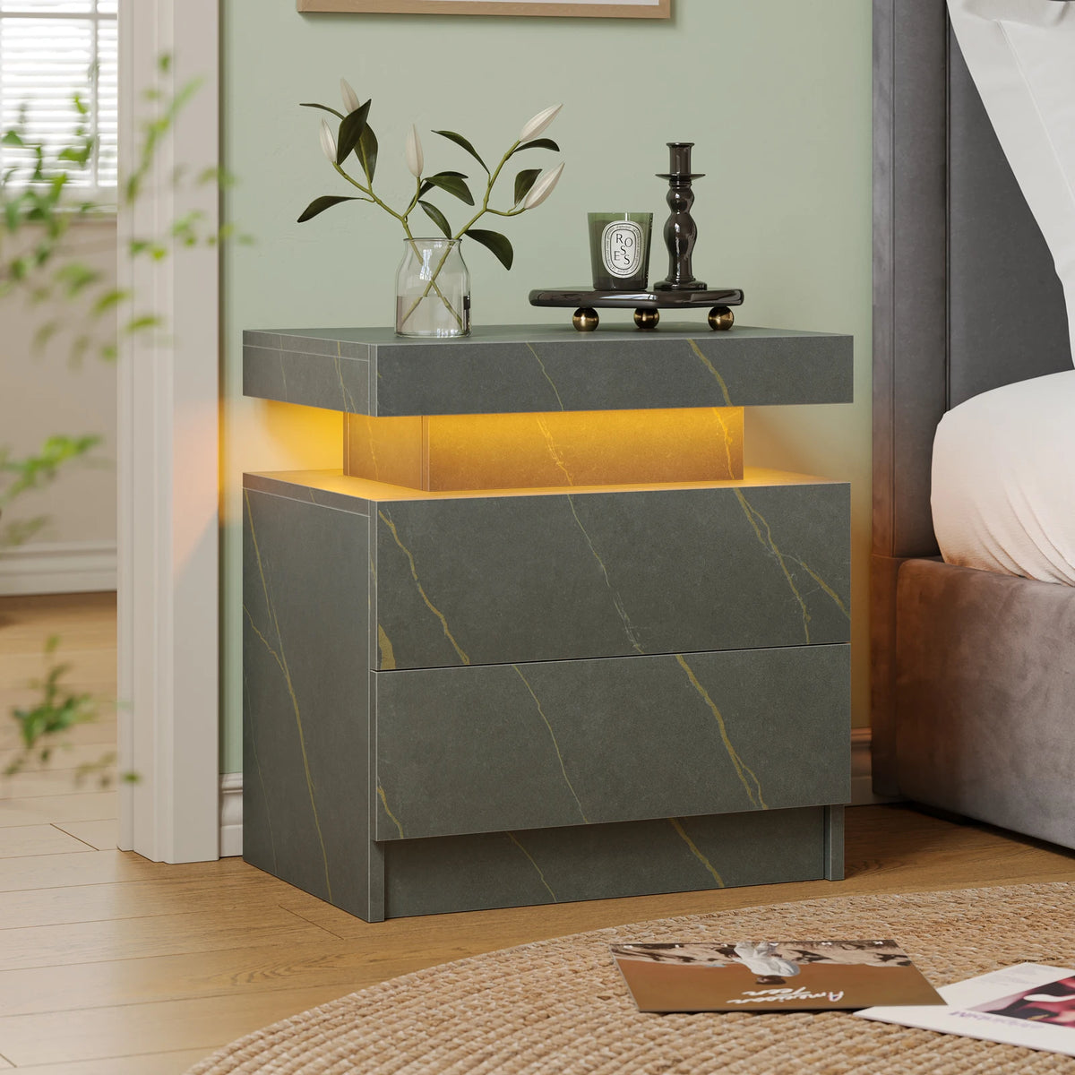 Cubehom Wood LED Nightstand With 2 Drawers And RGB Lights