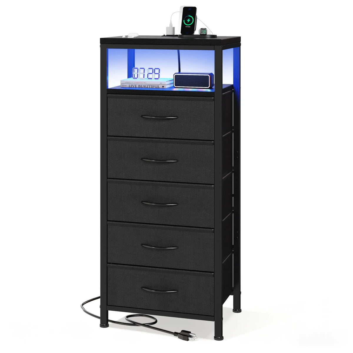 Jhk 5 Drawer Fabric Dresser With Nightstand Charging Station