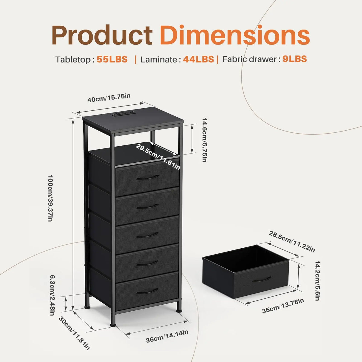Jhk 5 Drawer Fabric Dresser With Nightstand Charging Station