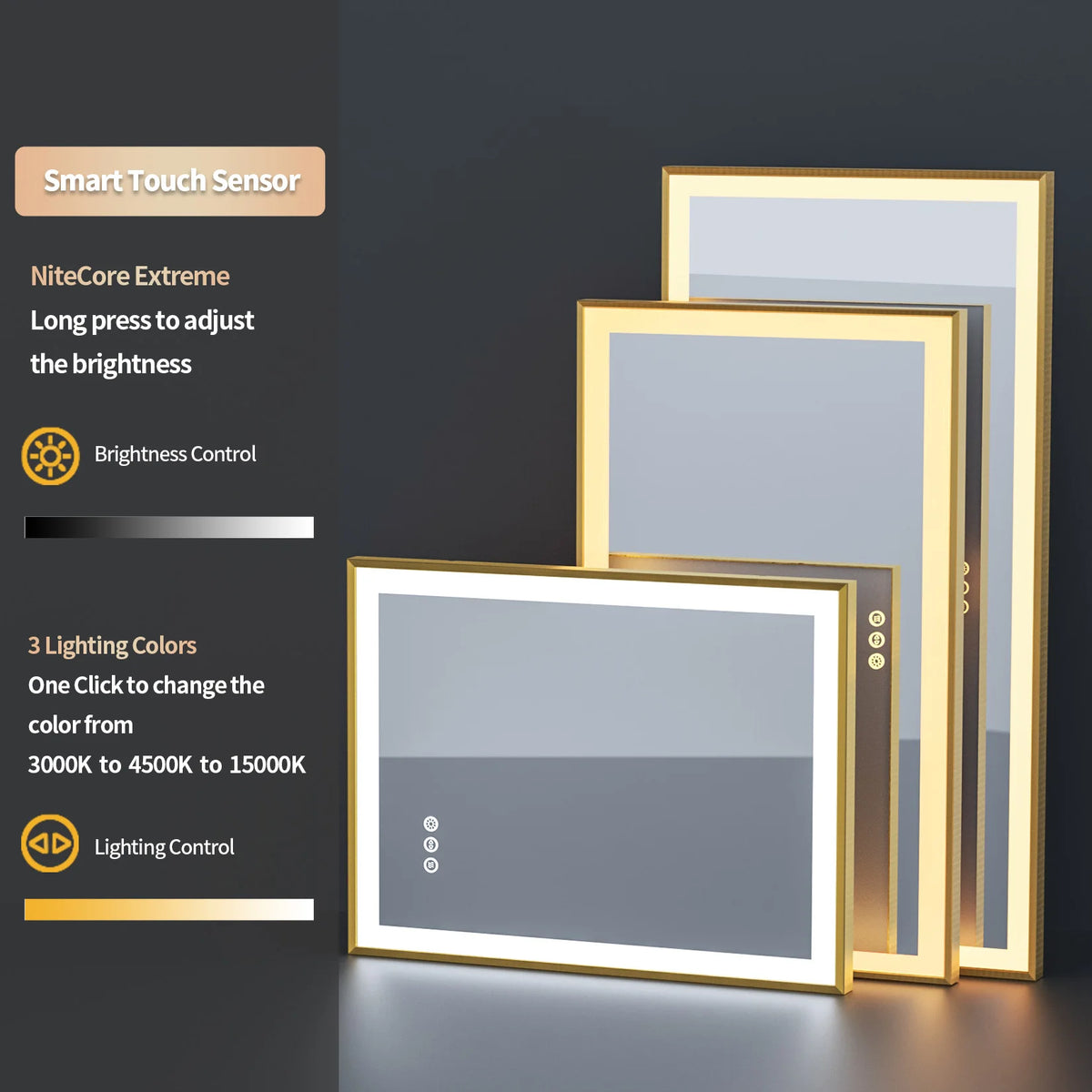 Gold Frame LED Bathroom Vanity Mirror Rectangle With Tricolors