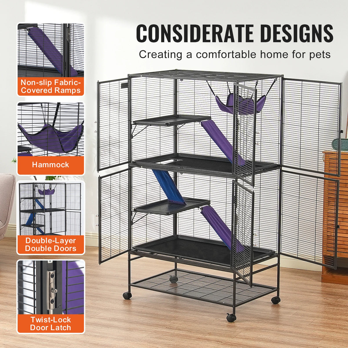 SucceBuy Rolling Metal Small Animal Cage With Four Tier Design