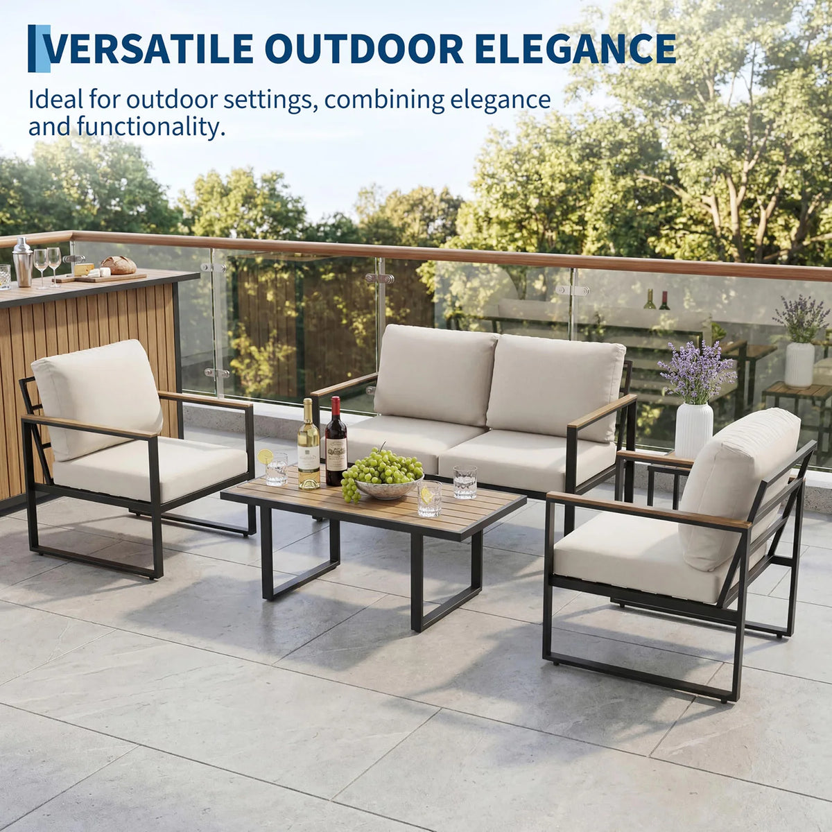 HobbyLane Modern 4-Piece Metal Patio Sofa Set With Coffee Table And Thick Cushions