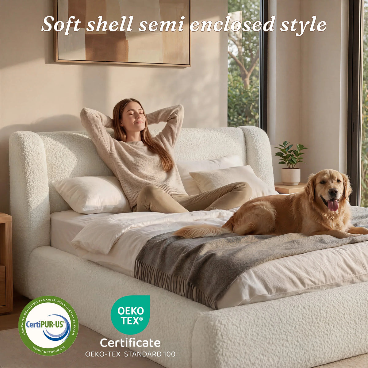 EnHomee Cloud Bed Frame With Thick Headboard And Soft Rounded Corners