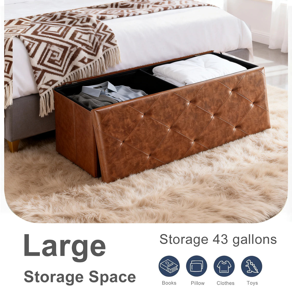 Tufted Faux Leather Foldable Storage Bench Ottoman