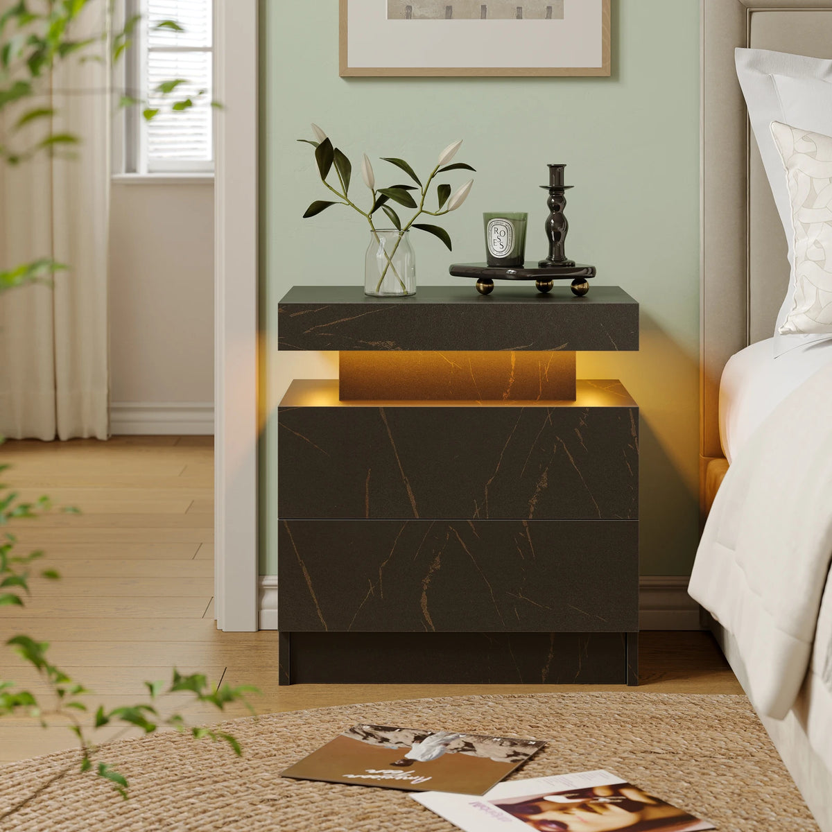 Cubehom Wood LED Nightstand With 2 Drawers And RGB Lights