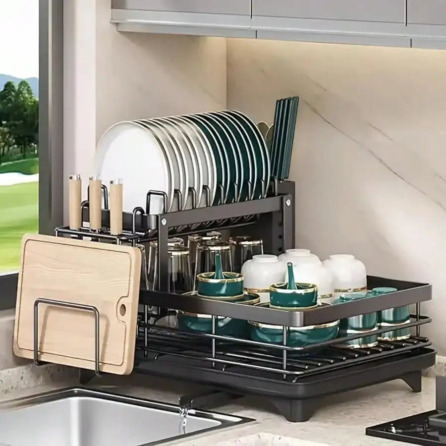 Double Layer Metal Cutlery Rack With Knife And Utensil Holders