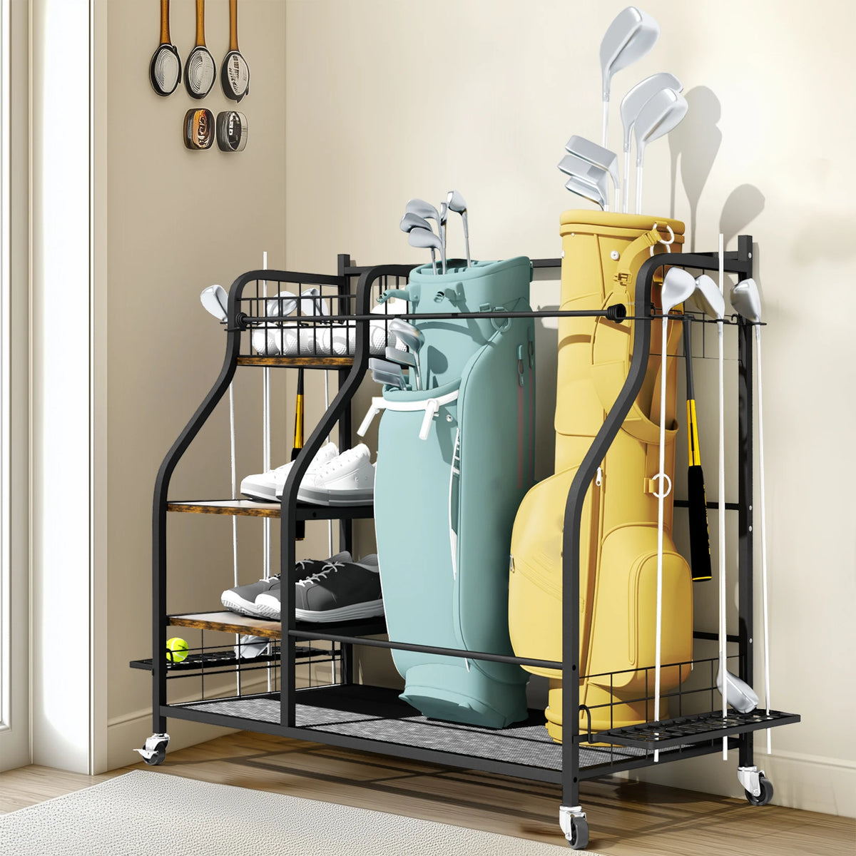 Multifunctional Three-Tier Rolling Metal Golf Bag Storage Rack With Wheels