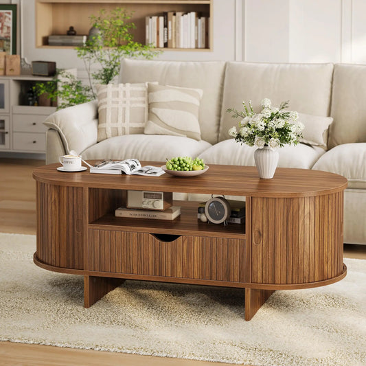 HiMISS Modern Oval Coffee Table With Fluted Wood Storage