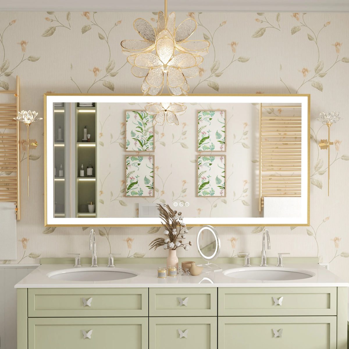 Gold Frame LED Bathroom Vanity Mirror Rectangle With Tricolors