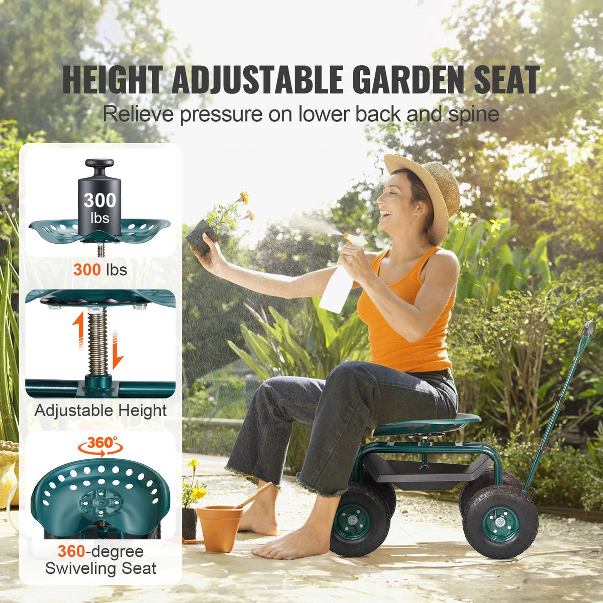 SucceBuy Garden Cart Rolling Workseat With Wheels And 360 Degree Swivel