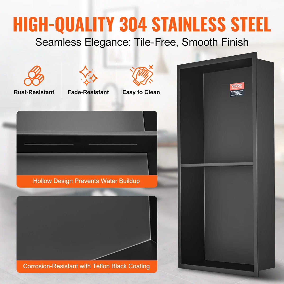 SucceBuy No Tile Shower Niche Recessed Double Shelf 304 Stainless Steel Wall Insert Soap Storage Bathroom