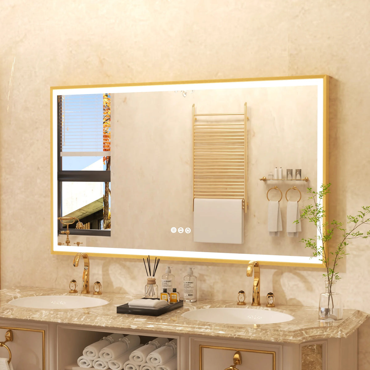 Gold Frame LED Bathroom Vanity Mirror Rectangle With Tricolors