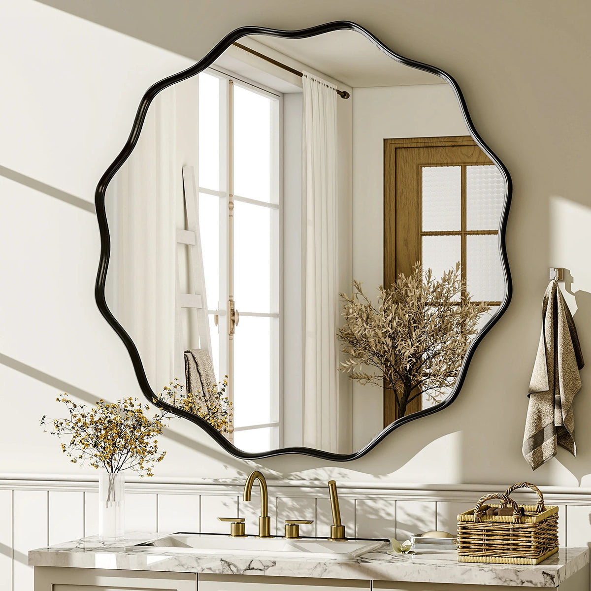 Beautypeak Wavy Round Decorative Wall Mirror With Glass Frame