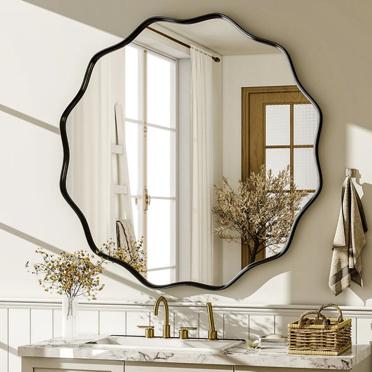 Beautypeak Wavy Round Decorative Wall Mirror With Glass Frame