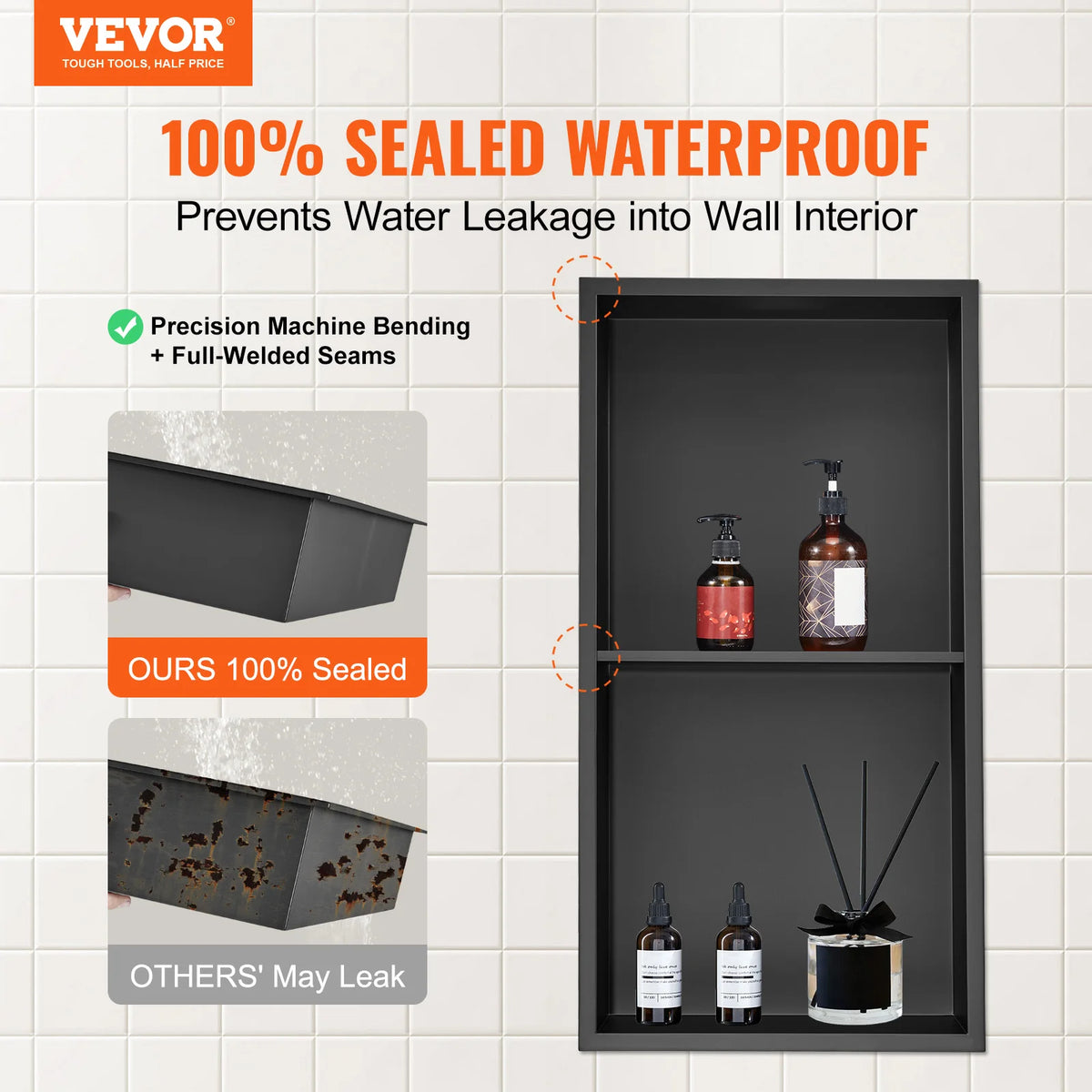 SucceBuy No Tile Shower Niche Recessed Double Shelf 304 Stainless Steel Wall Insert Soap Storage Bathroom