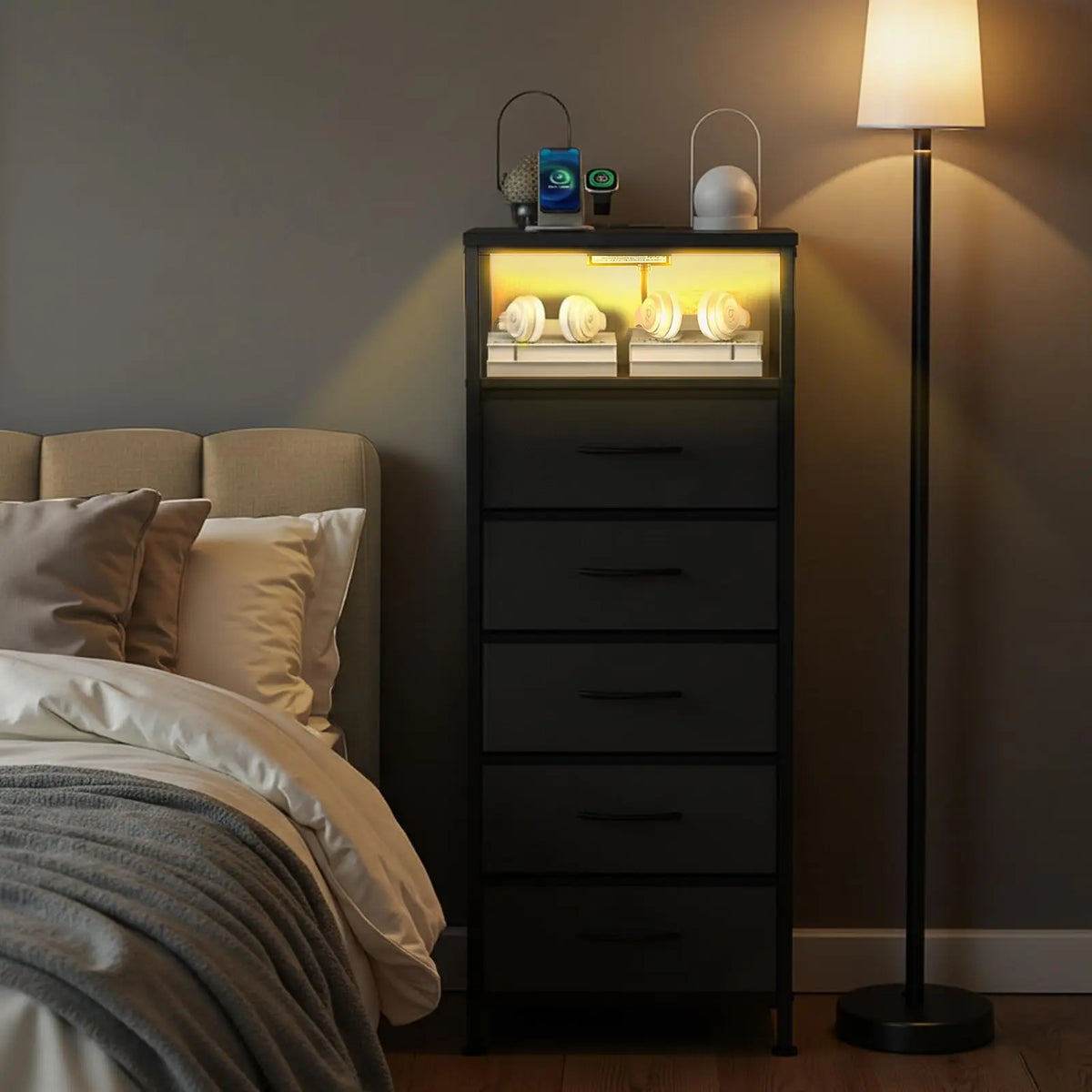Jhk 5 Drawer Fabric Dresser With Nightstand Charging Station