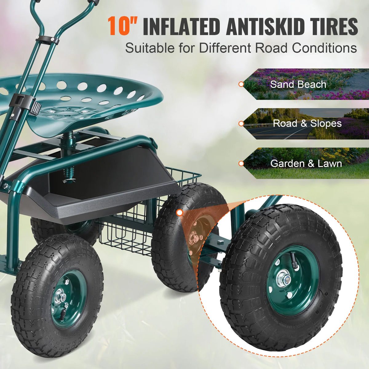 SucceBuy Garden Cart Rolling Workseat With Wheels And 360 Degree Swivel