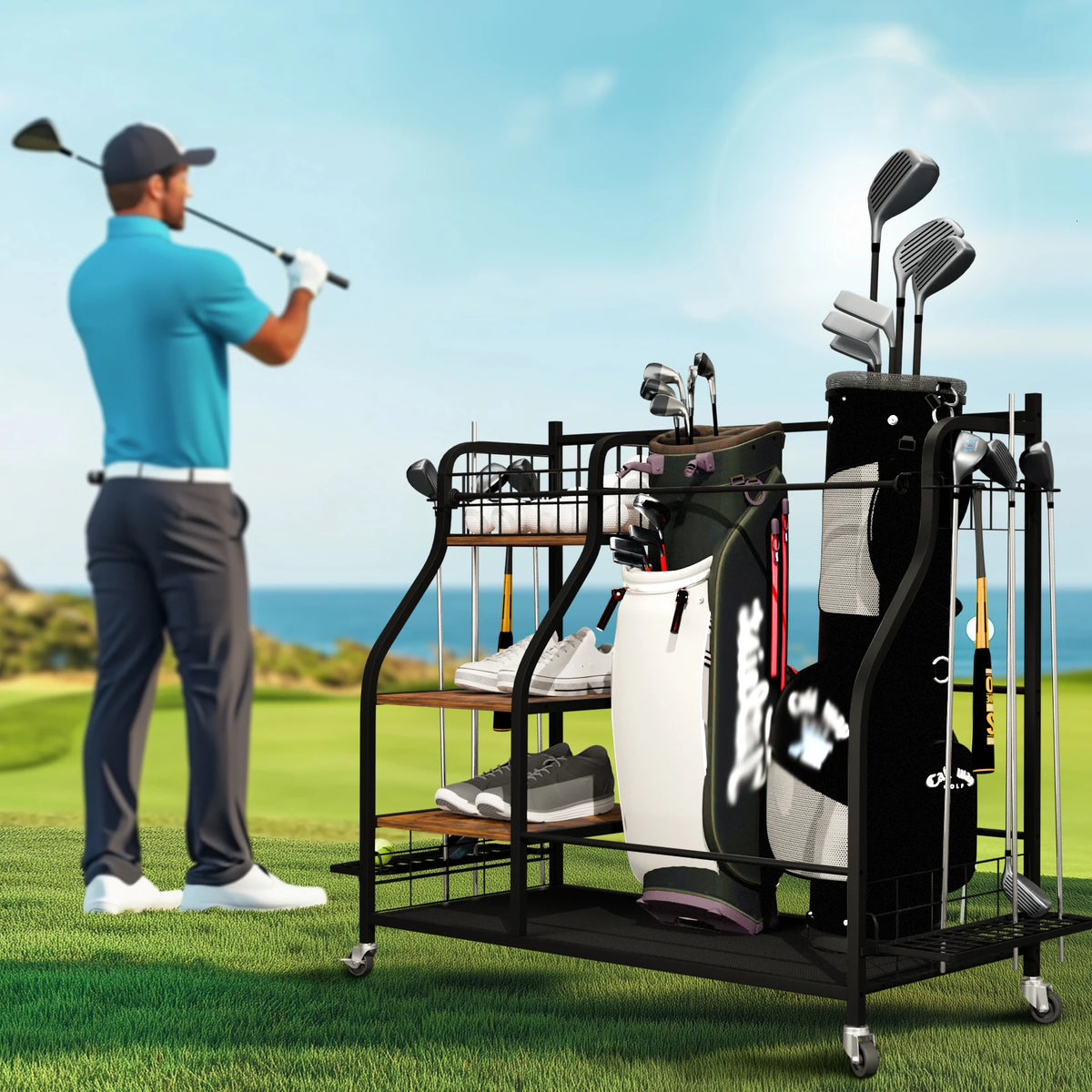 Three Tier Rolling Golf Bag Storage Shelf With Wheels