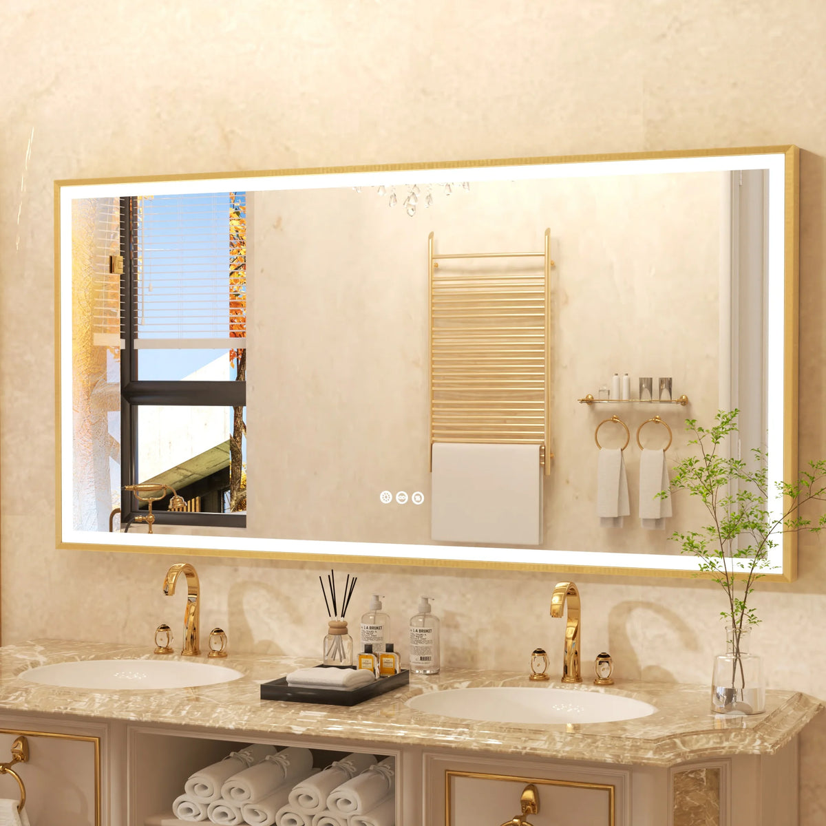 Gold Frame LED Bathroom Vanity Mirror Rectangle With Tricolors