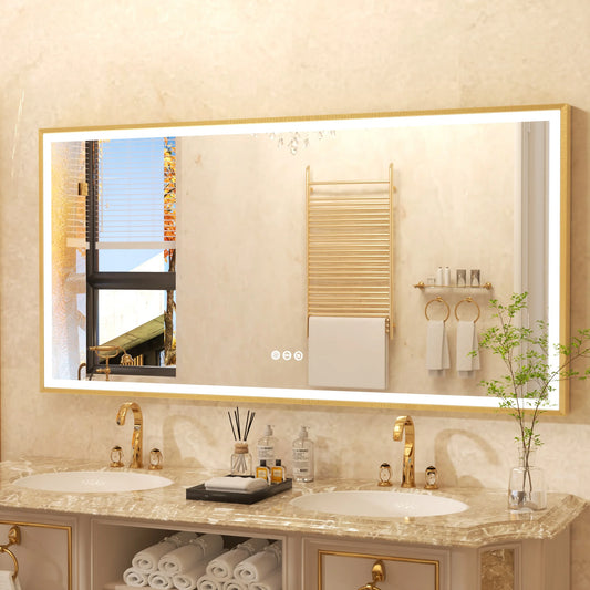 Gold Frame LED Bathroom Vanity Mirror Rectangle With Tricolors