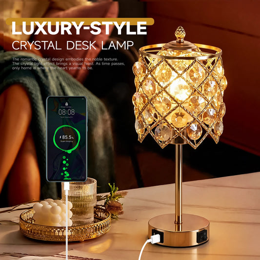 Elegant Crystal Table Lamp With USB Charging Port And Outlet