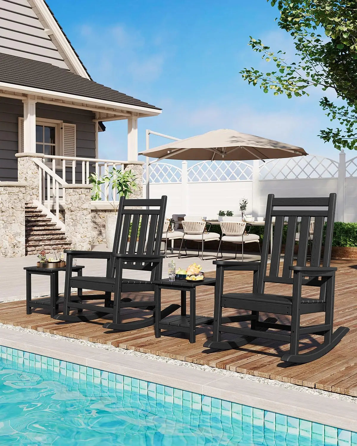 Black HDPE Rocking Chair Set Of 2 With Side Table