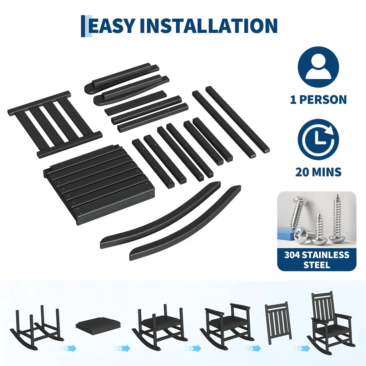 Black HDPE Rocking Chair Set Of 2 With Side Table