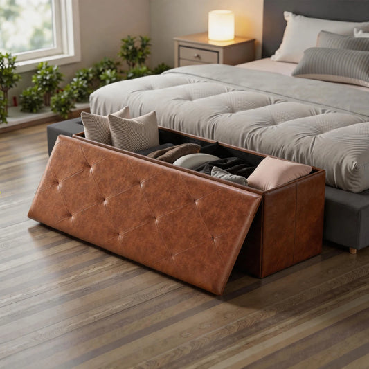 Tufted Faux Leather Foldable Storage Bench Ottoman