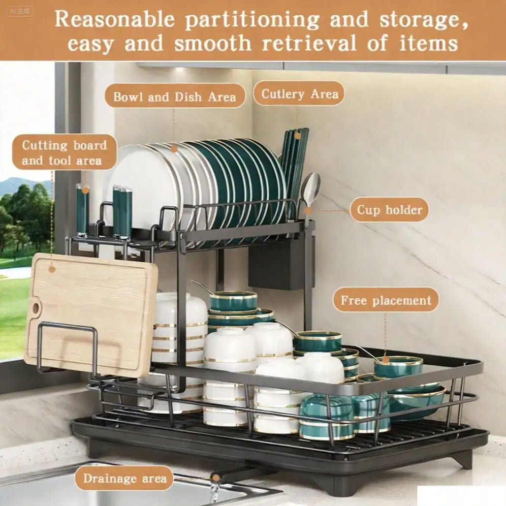 Double Layer Metal Cutlery Rack With Knife And Utensil Holders